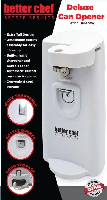 Better Chef Electric Tall Can Opener, 3-in-1 with Built-in Knife Sharpener & Bottle Opener, Auto-Stop (White)