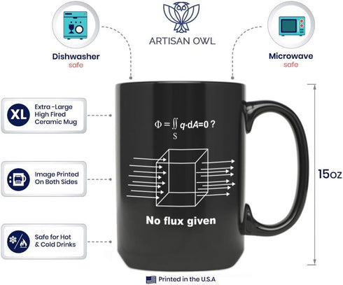 Artisan Owl No Flux Given Funny Physics Mug - 15oz Black Coffee Mug for Science Lovers, Nerds, Engineers