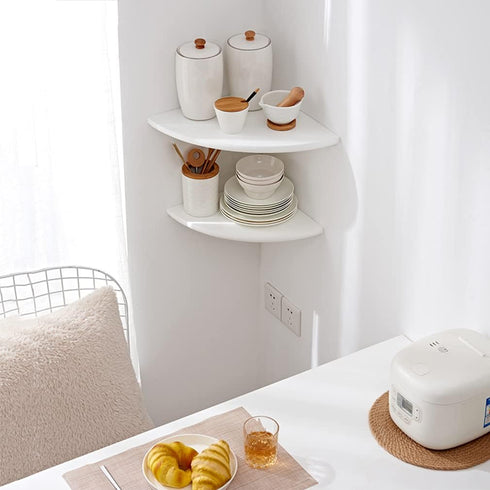 7in) Corner Shelf, White Solid Oak Wood Floating Corner Shelves Wall Mount Round End Floating Speaker Rack Display
