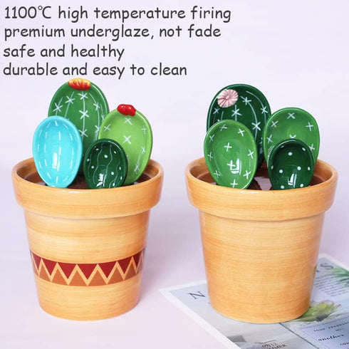 Cactus Measuring Spoons Set in Pot, Cute Ceramic Measuring Cups and Spoons, 1 Tbsp, 1 TSP, 1/2 TSP, 1/4 TSP, 1 Cup,