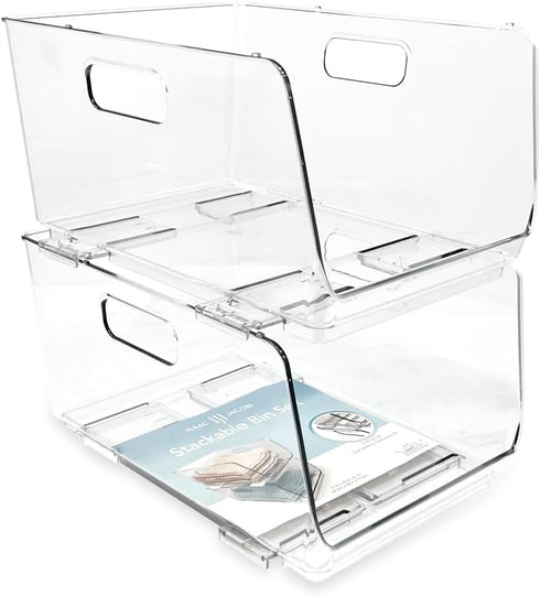 Isaac Jacobs 2-Piece Large Deep Stackable Clear Storage Bins, Versatile Use, Set of 2 for Desk, Office, Bathroom