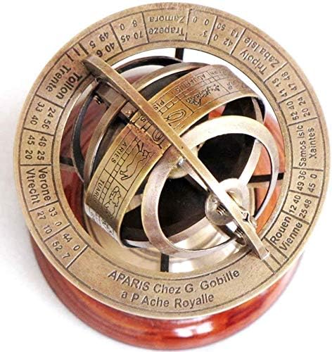 Brass Armillary Sphere Astrolabe on Wooden Base, Maritime Nautical Collectible