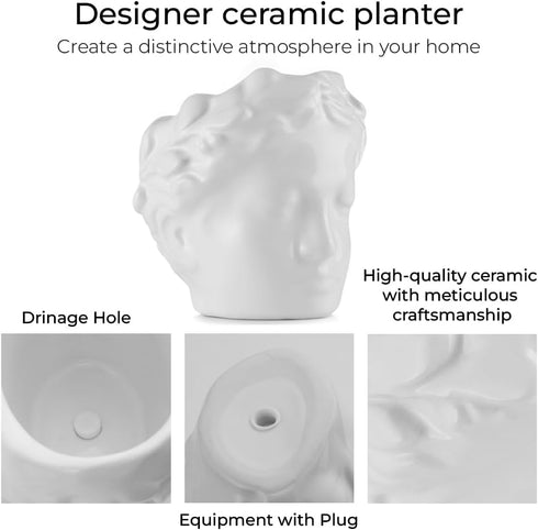 Head Planter Ceramic Face Planter Pots for Plants Succulent Planters Unique Planters for Indoor Plants Great for Succulents Fun Planters Cute Plant Pots with Drainage (White) by DOMIVKA