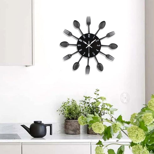 Timelike Kitchen Wall Clock (3D Removable Modern Creative Cutlery Design, Black, Wall Decal Room Decoration)