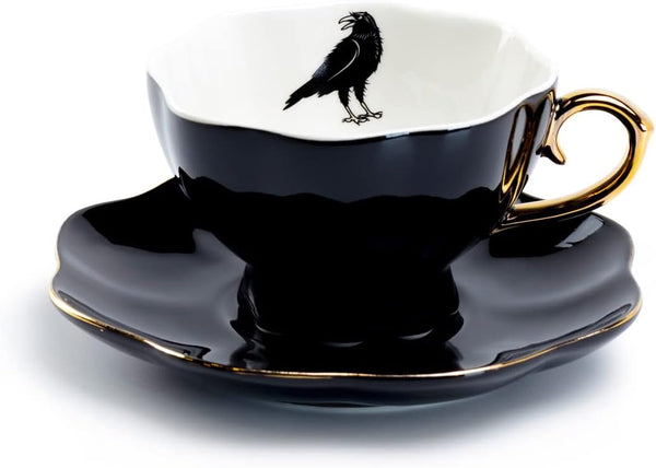 Grace Teaware Raven Black Fine Porcelain Tea Cup and Saucer with Hand Painted Gold