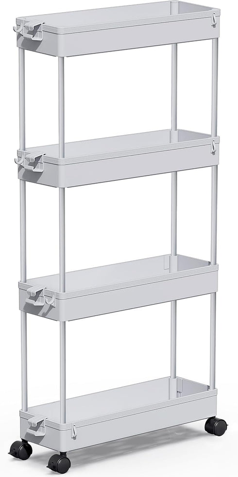 SPACEKEEPER Slim Rolling Storage Cart - 4 Tier Bathroom Organizer Mobile Shelving Unit for Kitchen, Laundry, Gray