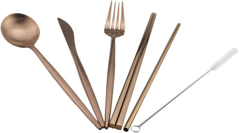 Reusable Travel Utensils, 7 Piece Portable 304 Stainless Steel Set with Pouch, Eco-friendly Camping Silverware