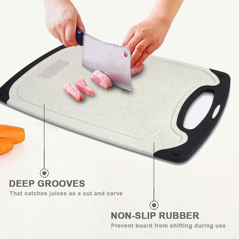 Cutting Boards for Kitchen, Plastic Chopping Board Set of 3 with Non-Slip Feet, Juice Grooves, Easy Grip Handle, BPA Free, Non-Porous, Dishwasher Safe, Multiple Sizes (Beige,Grind Function)