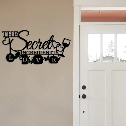 The Secret Ingredient is Love Metal Wall Art Sign - Farmhouse Kitchen Decor, Housewarming Gift (Black - 16 x 8 inch)