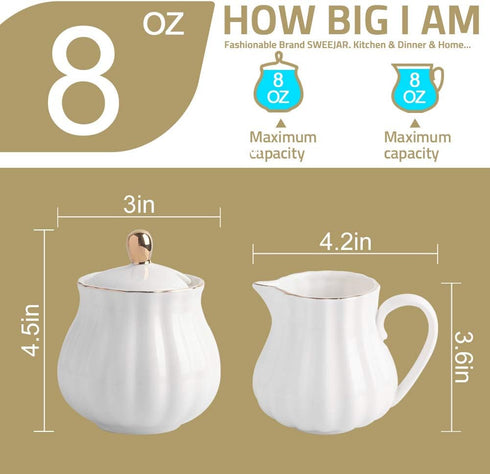 Sweejar Royal Ceramic Sugar and Creamer Set, 3 Piece Set with Cream Pitcher, Sugar Bowl, Lid & Spoon, White