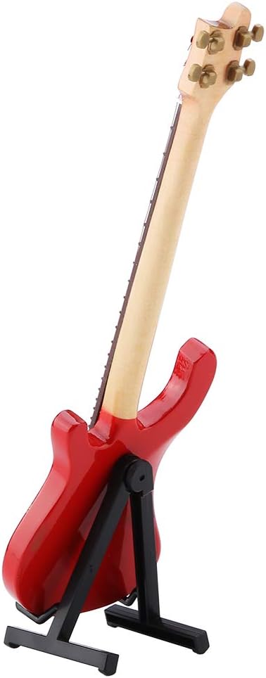 Red Miniature Bass Guitar Wood Replica Model Ornament - Adjustable Stand Mini Art Projects Christmas Gift