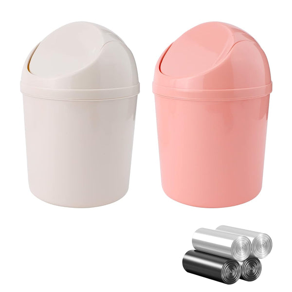 2 Pcs Plastic Mini Wastebasket Trash Can with Swing Lid, 120 Trash Bags, Tiny Desktop Bin for Home Office (Pink + Beige)