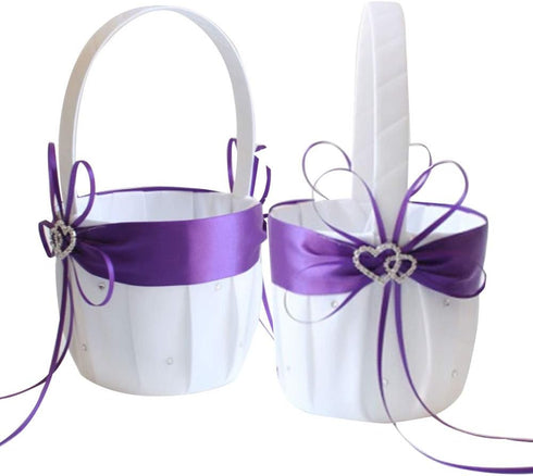 2PCS Purple Flower Girl Basket - Double Heart Rhinestone Elegant for Wedding Ceremony Party Favor