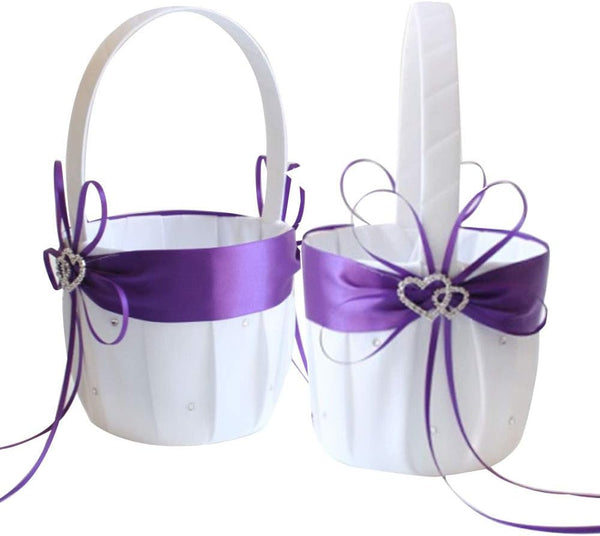 2PCS Purple Flower Girl Basket - Double Heart Rhinestone Elegant for Wedding Ceremony Party Favor