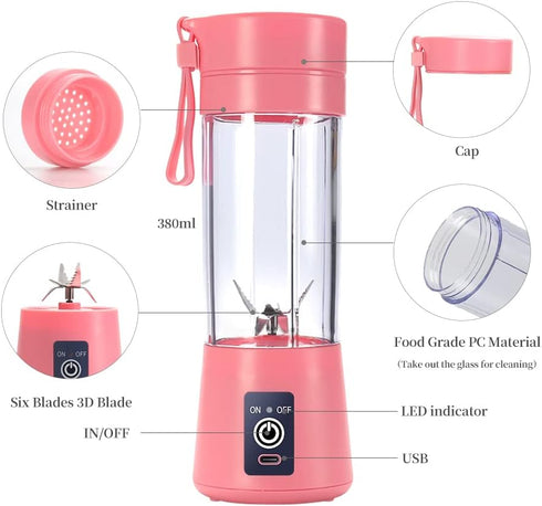 Portable Blender Cup,Electric USB Juicer Blender,Mini Blender Portable Blender For Shakes and Smoothies, juice,380ml, Six Blades Great for Mixing,pink by DoubleCare