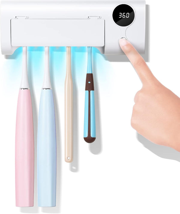StarWin UV Toothbrush Cleaner, Rechargeable Wall-Mounted Tooth Brush Holder with Timer Function, 4 Slots, No Drilling