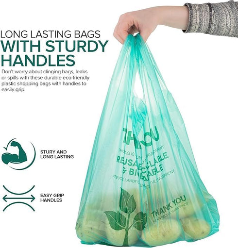 Stock Your Home Eco Grocery Bags Disposable T-Shirt Thank You Bag with Handles for Supermarket, Groceries, Produce