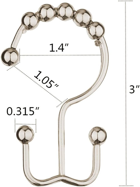 DAWNER Shower Curtain Hooks, Set of 12, Rust Proof Metal Easy Glide Double Rings, Brushed Nickel