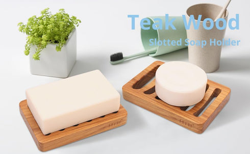 HTB Slotted Soap Dish 2 Pack Teak Wood, Self Draining Kitchen Sponge Holder for Shower, Sink, Bathroom