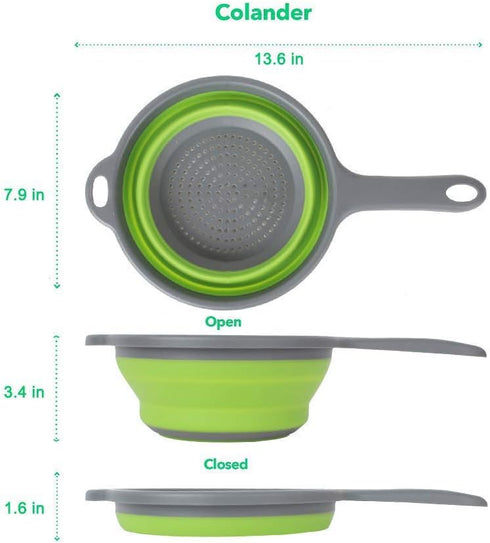 2 Pack Kitchen Foldable Silicone Strainer Colanders - Collapsible with Handles, Space-Saver for Draining Pasta,
