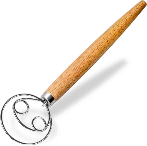 Danish Dough Whisk, Wooden Bread Whisk with Stainless Steel Dough Hook for Sourdough Bread Making
