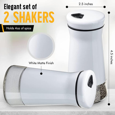 The Original Salt and Pepper Shakers Set - White Spice Dispenser with Adjustable Pour Holes, Stainless Steel & Glass,