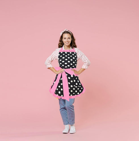 Violet Mist Vintage Apron for Women, Pink Polka Dot Retro Stylish with Pockets, Adjustable Neck Strap