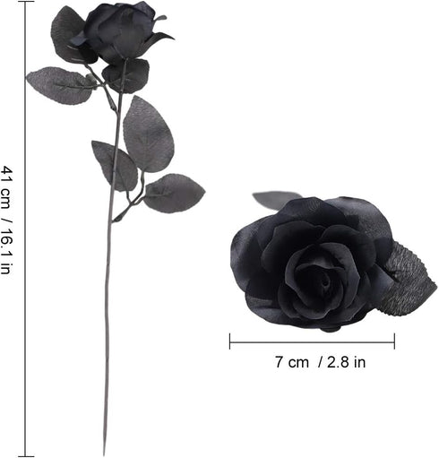 TUZAZO 10pcs Black Roses Artificial Flowers with Stems, Faux Silk Flowers for Bridal Gothic Wedding Bouquet and Home