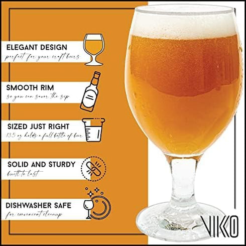Vikko Beer Glass Set of 6, Belgian Style, Large 13.5 Ounce, Dishwasher Safe Durable Drinking Glass for Craft Brews