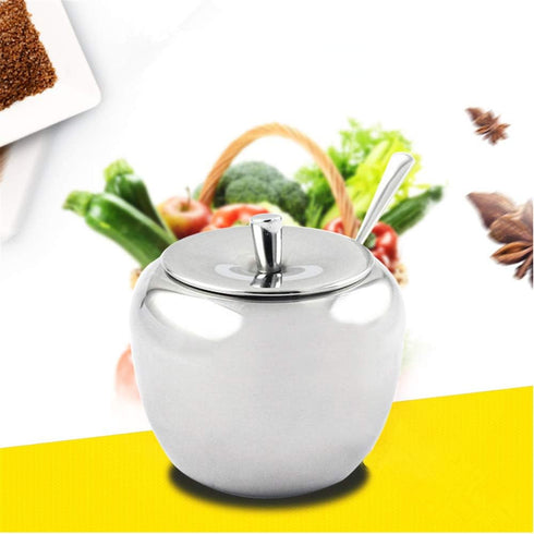 Stainless Steel Sugar Bowl with Lid and Spoon, Apple Seasoning Jar, Condiment Pot, Spice Container Cruet