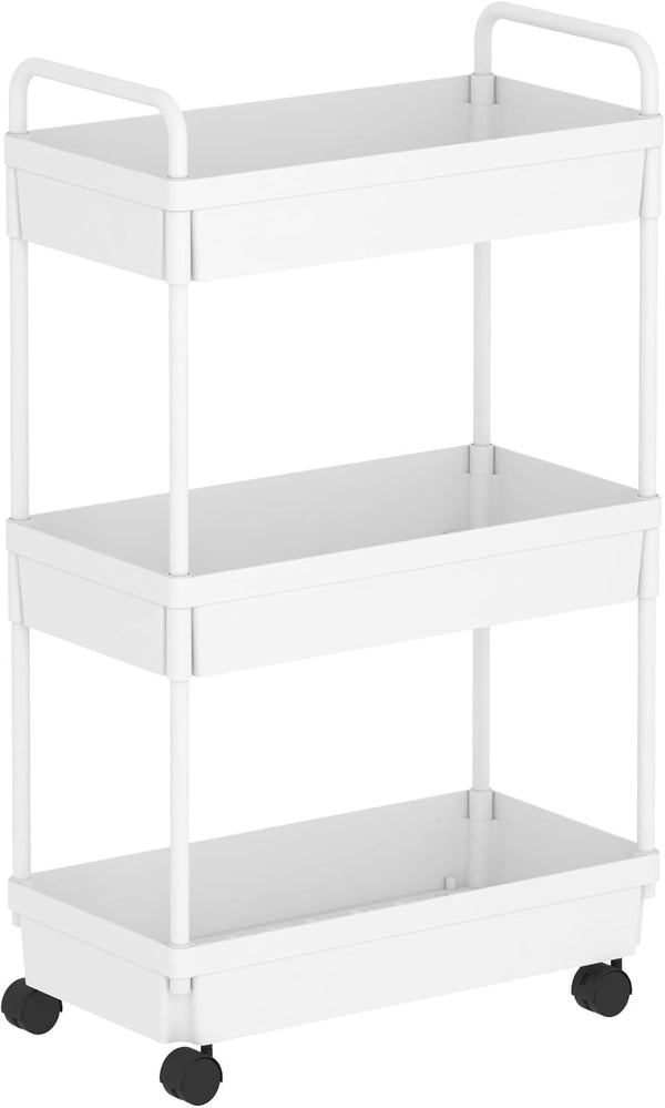 Rolling Storage Cart | 3 Tier Organizer Mobile Shelving Unit with Wheels for Kitchen, Bathroom, Laundry, White