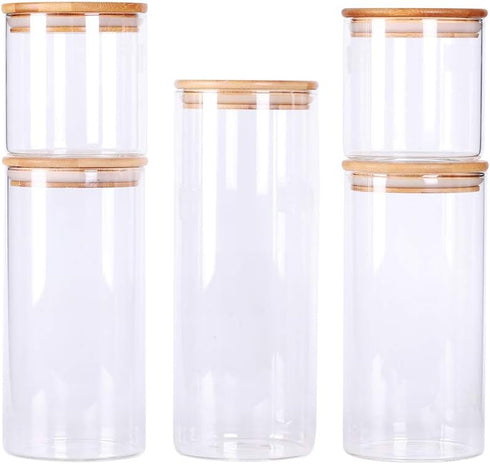 LEAVES AND TREES Y Stackable Kitchen Canisters Set, Pack of 5 Clear Glass Food Storage Jars with Bamboo Lid