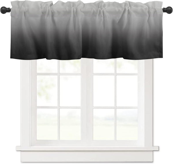 Valance Curtain for Kitchen, Ombre Black Grey Window Valance for Living Room, Rod Pocket Valances for Bedroom