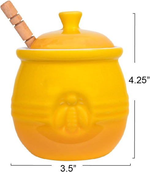 Whimsical Yellow Stoneware Honey Jar with Wooden Dipper