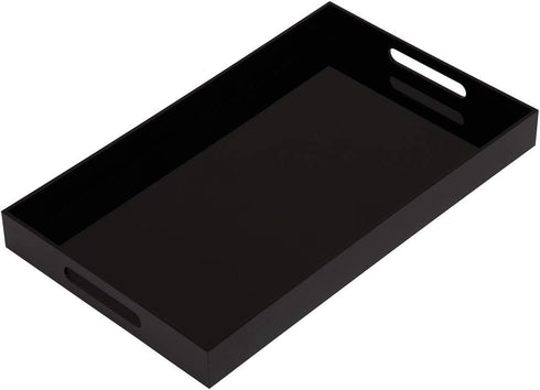 Glossy Black Sturdy Acrylic Serving Tray with Handles, 12x20 Inch, Kitchen Countertop, Makeup Drawer Organizer