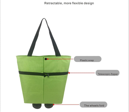 Swpato 2 Pack Reusable Grocery Bags with Waterproof Coating and Folding Wheels - Foldable Tote Bags for Shopping