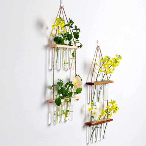 ORANGE NEI 2 Wall Hanging Planter, Tiered Plant Propagation Stations Plant Terrarium with Wooden Stand, Glass Planter