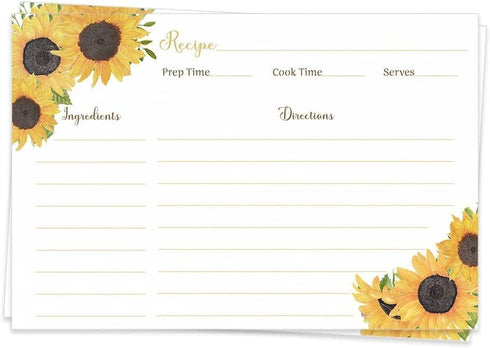 Sunflower Recipe Cards for Bridal Shower, Wedding, Housewarming Gift, 4x6 Double Sided (50 count)