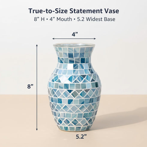 8 Inch Blue Vases for Home Decor, Light Blue Mosaic Vase, Decorative Glass Flower Vases for Centerpieces Living Room