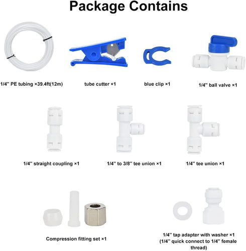 Refrigerator Water Line Kit, CNAODUN Ice Maker Water Line Kit with 1/4" OD 39.4ft Water Line Reverse Osmosis Quick Connect Fittings Push To Connect Water Tube Fittings for Fridge Ice Maker