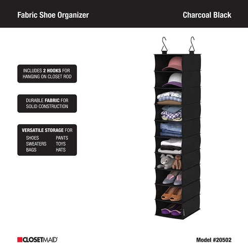 ClosetMaid 20502 10-Shelf Closet Fabric Hanging Organizer for Shoes, Hats, Handbags, Clothes with Charcoal Black Finish