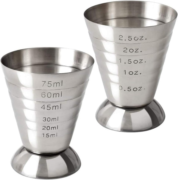 Stainless Steel Measuring Cup Pack of 2 - 2.5 oz, 75 ml, 5 Tbsp Cocktail Jiggers