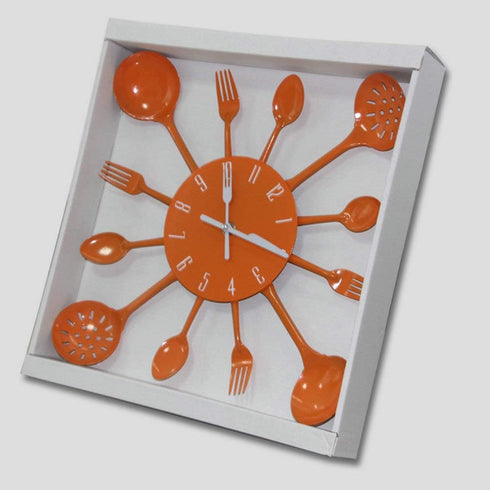 Timelike 16" Metal Kitchen Cutlery Utensil Spoon Fork Wall Clock, Creative Modern Home Decor, Orange