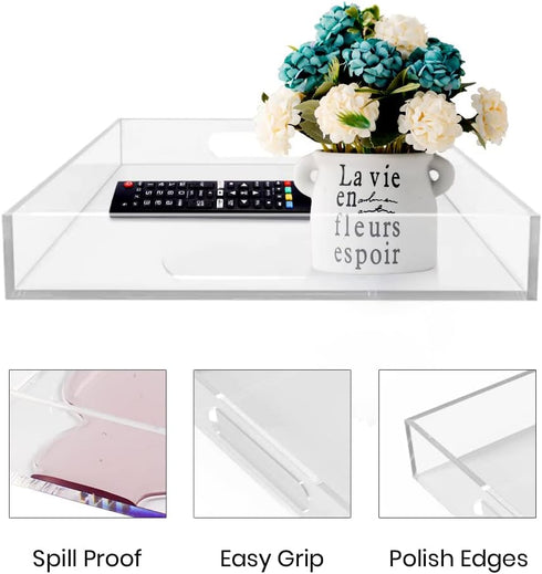 12"x16" Acrylic Serving Tray with Handles, Spill Proof Clear Decorative Tray, Lucite Tray for Coffee Table, Vanity