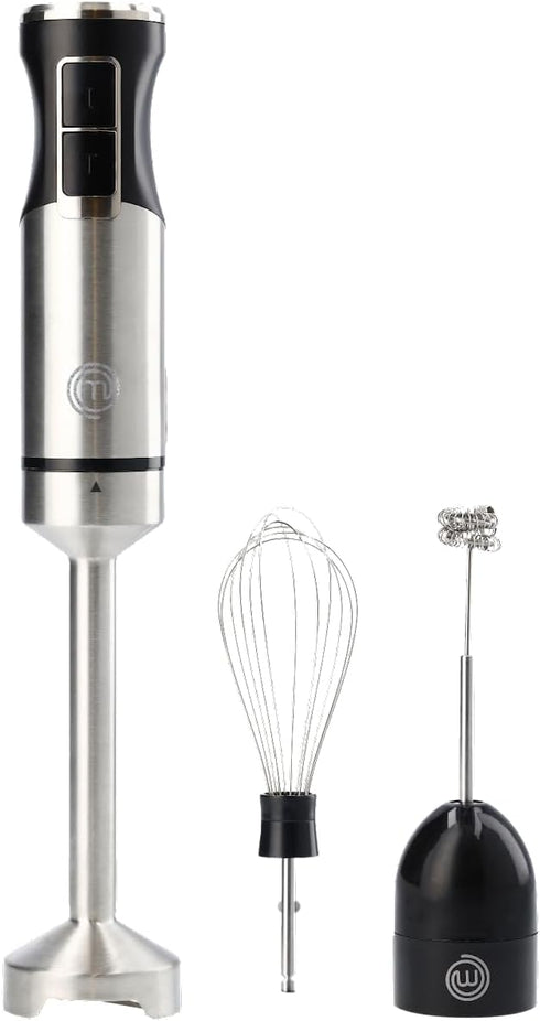 MasterChef Immersion Blender Handheld with Electric Whisk & Milk Frother Attachments, Stainless Steel Stick Emulsifier