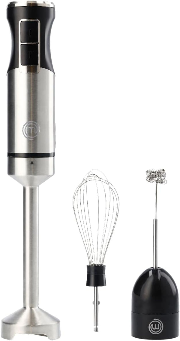 MasterChef Immersion Blender Handheld with Electric Whisk & Milk Frother Attachments, Stainless Steel Stick Emulsifier