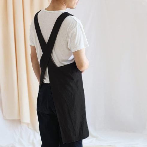 NEWGEM Japanese Linen Cross Back Kitchen Cooking Aprons for Men with Pockets, Black