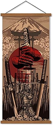 Japan Wall Art Samurai Sword Poster Print on Canvas, Skeleton Oriental Decoration, Wood Framed, 16”x35”