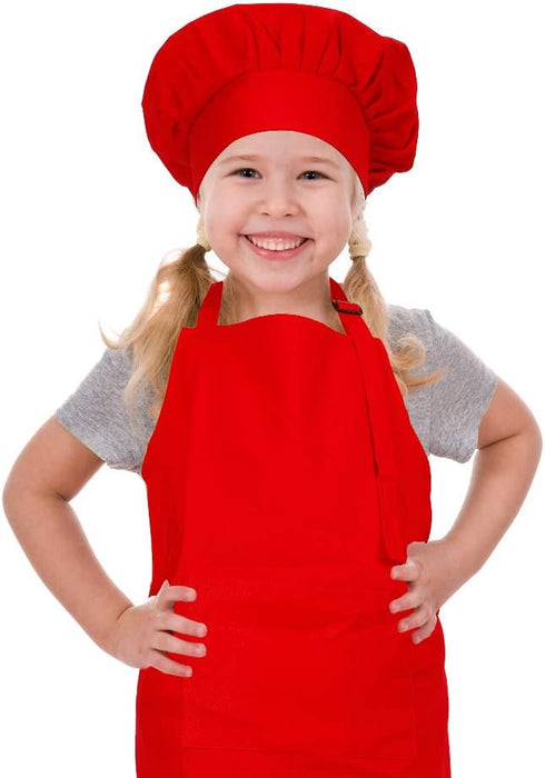 Kids Apron and Chef Hat Set, Adjustable Cotton Bib Aprons with Large Pocket, Red
