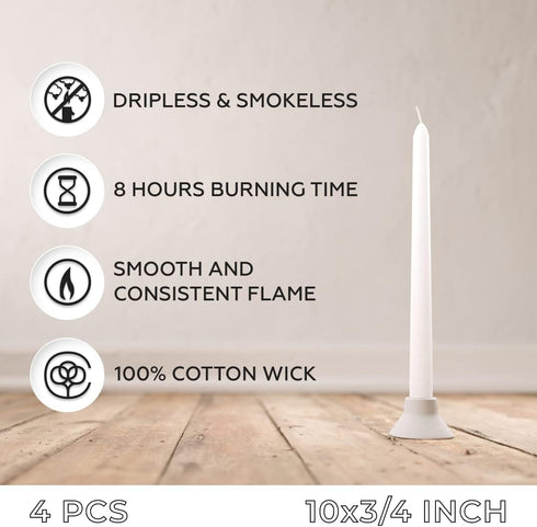 10 inch Taper Candle 4 Pack, Long Burning Dripless Unscented Tapered Candles for Home Interior - 8-Hour Burning White